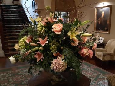 Arrangement of flowers in the lobby of Ashdown Park Hotel by Zara Flora